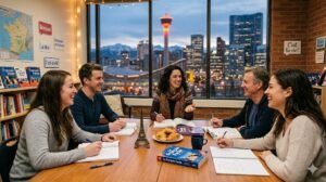 French lessons Calgary group practicing conversation in a classroom setting.